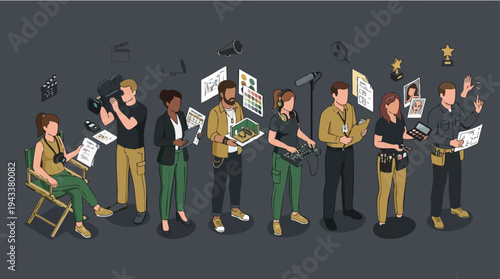 Diverse group of media professionals working collaboratively on a film set with equipment and creativity