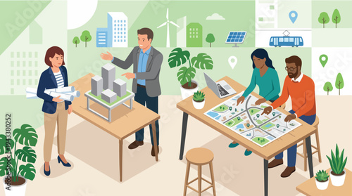 Office team collaborates on sustainable city project with model and blueprint presentations