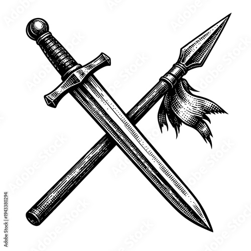 Vintage Engraving of Crossed Sword and Spear - Classic Hand-Drawn Medieval Weapons Artwork, Traditional Battle Tools, Ancient Armaments Illustration, Historical Combat Symbol Design, Detailed Retro.