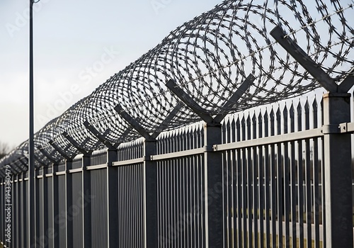 Closeup of a barbed wire fence with metal posts and sky