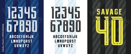 Savage 40: Retro style jersey number font with blue stripes and bold black color. Inline sporty numeric design perfect for team uniforms, competition posters, and athletic graphics.