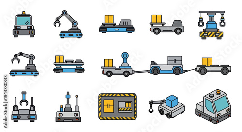 Collection of Industrial Automated Guided Vehicles AGVs with Various Functions.