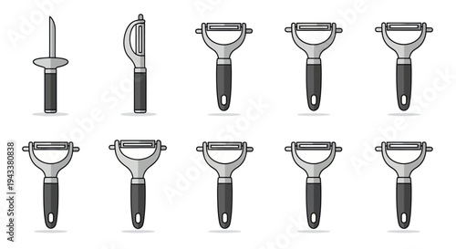 Assortment of Kitchen Vegetable Peelers with Black Handles.