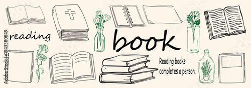 Vector hand drawn line art various book sets . Sketch trendy line art book elements collection . text . reading . vector illustrations