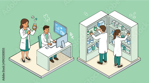 Scientists in lab coats conducting experiments and analyzing data in a modern laboratory setting