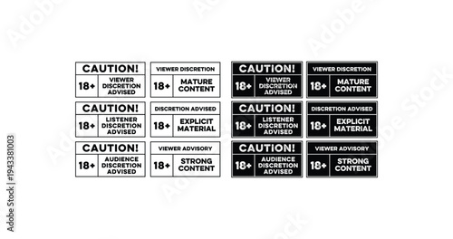 Sign of Caution; Mature Content. Viewer, Audience, Listener Discretion Advice. Vector illustration
