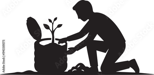 Sustainable Urban Gardening Silhouette and Eco Friendly Planting Vector