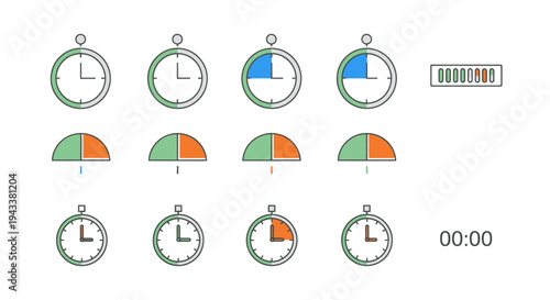 Collection of Stylized Stopwatch and Timer Icons Representing Time Progression.
