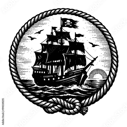 Detailed vintage woodcut illustration depicting a majestic pirate ship with Jolly Roger, sailing rough seas at sunset, framed by a nautical rope circle with a knot, featuring flying seagulls. Perfect