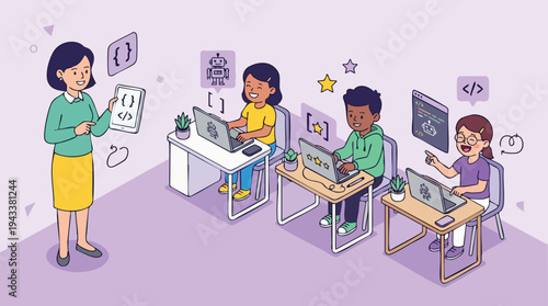 Teacher guiding students learning coding in classroom with digital devices and interactive elements