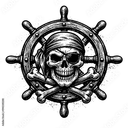 A striking black and white vintage engraving style illustration of a fierce pirate skull wearing an eye patch and bandana, prominently featuring crossed bones and a detailed ship's steering wheel, per