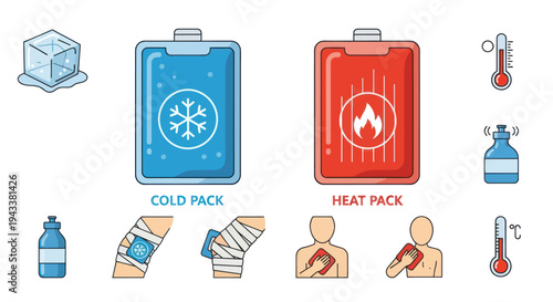 First aid vector icon set comparing cold pack and heat pack therapy for pain relief.