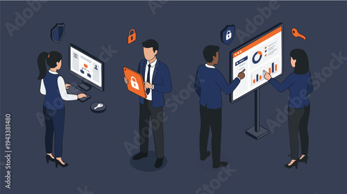 Illustration of professionals analyzing data on computers and presentation boards in a collaborative office environment