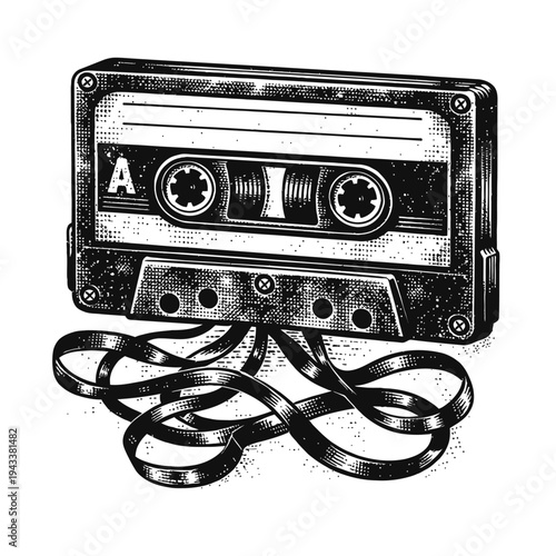 Black and white vintage audio cassette tape illustration with tangled magnetic tape, symbolizing retro music, analog sound, and nostalgia for classic technology from the mix tape era, perfect for old-