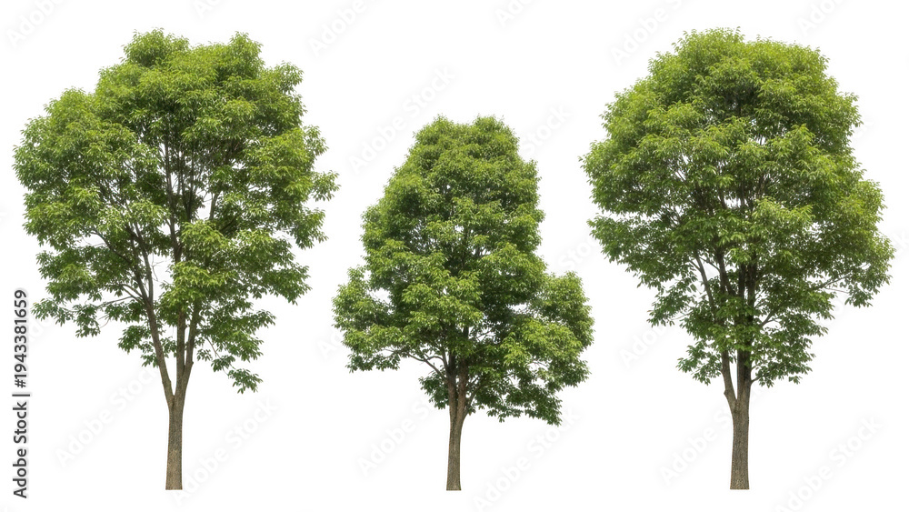 Fototapeta premium Three tall green trees isolated on transparent background