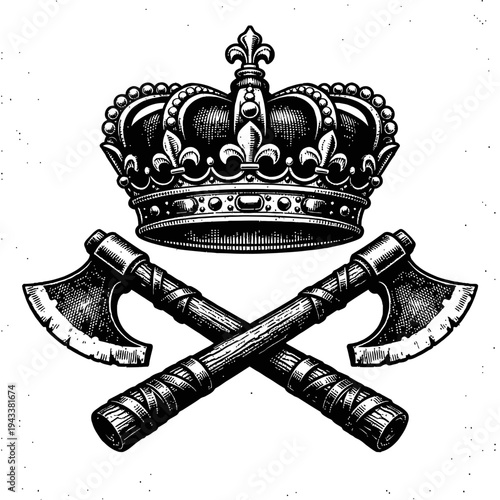 Majestic Engraved Royal Crown with Crossed Battle Axes Emblem: A Vintage Heraldic Design Illustrating Power, Authority, and Warrior Strength in a Classic Black and White Woodcut Art Style.