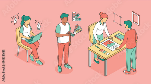 Illustration of a creative team collaborating on design projects with tools and devices in a modern workspace
