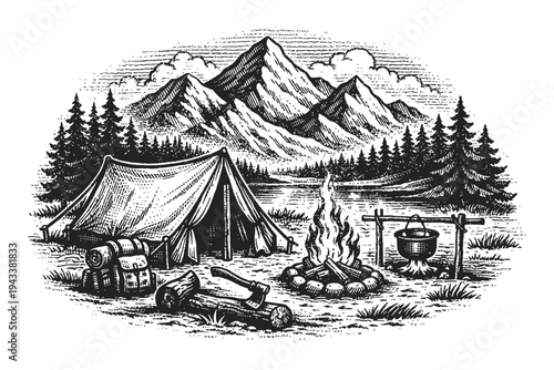 Vintage wilderness camping scene illustration featuring a classic tent, roaring campfire, cooking pot, axe, logs, backpack, majestic mountains, serene lake, and dense pine forest in an engraved style.