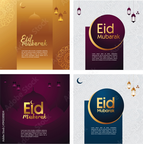 Four eid mubarak greeting card designs featuring lanterns crescent moons and elegant typography high-quality