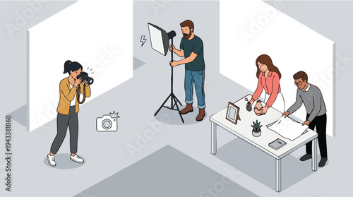 Team of professionals conducting a photo shoot with photographer, lighting, and creative collaborators adjusting props