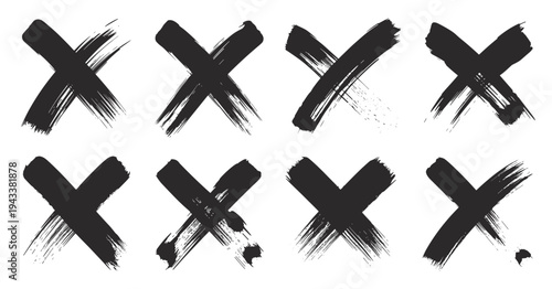 Collection of Eight Black Brush Stroke X Marks on White Background cross hand drawn