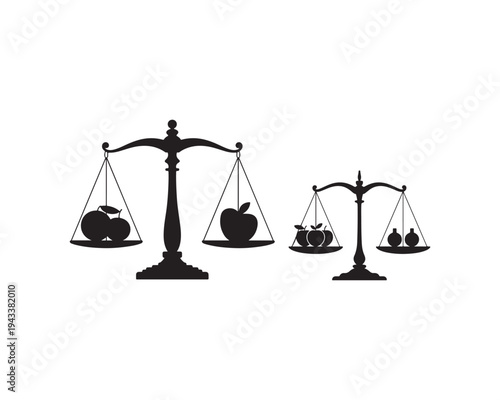 Black silhouette balance scales comparing fruit weight by quantity concept, simple educational measurement vector