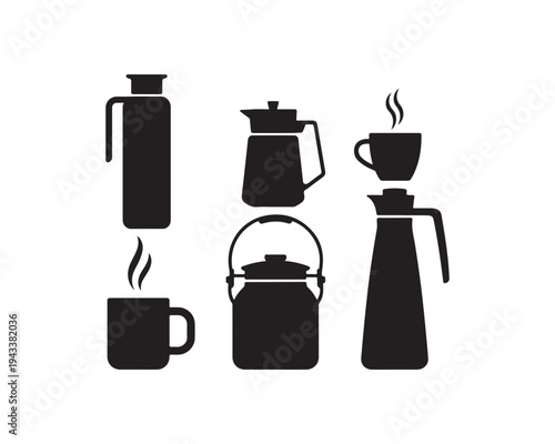 Black Silhouette of Various Thermal Flasks and Coffee Cups with Steam