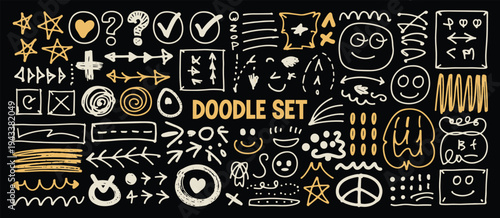 Extensive Set of Hand- Drawn Doodles and Symbols in Yellow and White on Black Background