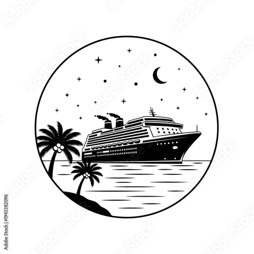 Cruise Ship Sailing at Night with Palm Trees and Crescent Moon