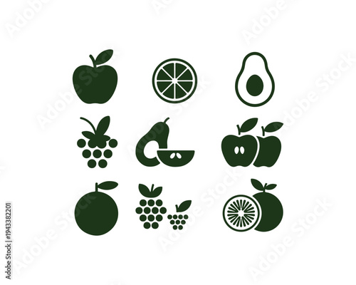Collection of dark green silhouette featuring various fruits including apples avocado orange pear grapes and sliced citrus