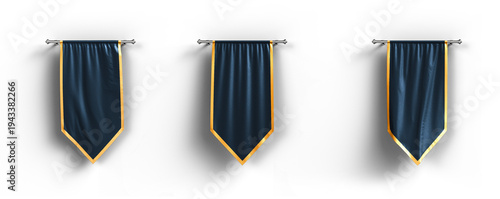 Dark Blue Hanging Banner Flag with Gold Border – Luxury Fabric Pennant Mockup Isolated on Transparent Background