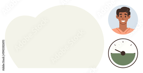 User profile, data analysis, time management, progress tracking, personal development, productivity. Smiling person icon and analog speedometer. User profile and data analysis visuals