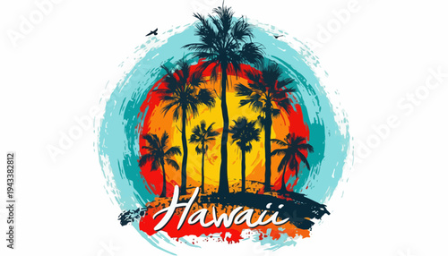 Vibrant illustration of palm trees at sunset in Hawaii with tropical feel