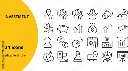 Twenty four investment icons, finance growth and money symbols, banking and trading flat icons