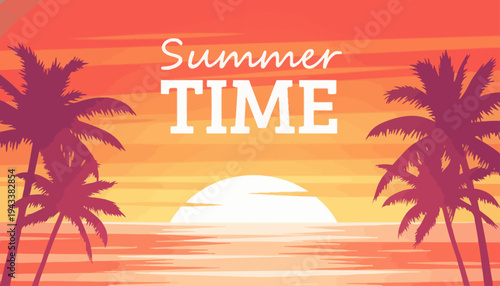 Vibrant summer sunset scene with palm trees standing tall on beach