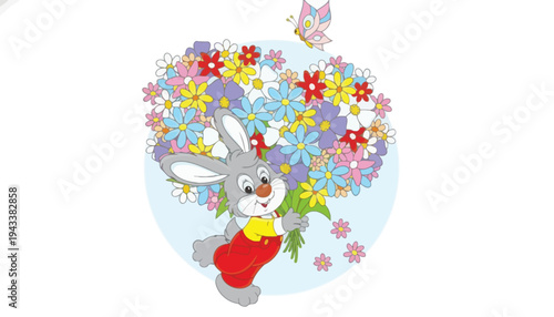 A cute cartoon bunny holds colorful flowers and leaves while a butterfly flies nearby in a whimsical scene.