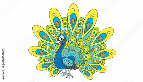 A vibrant peacock spreads its colorful tail feathers in a stunning display.