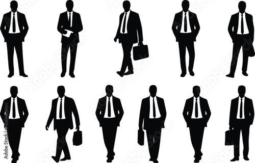 Set of male business professional silhouettes wearing suits with ties in various poses standing and walking