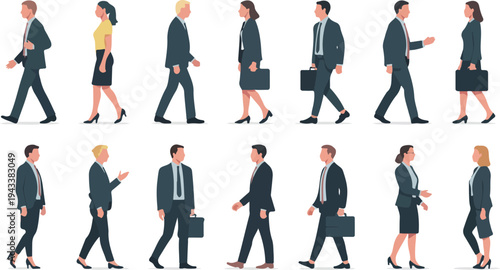 Business people walking and carrying briefcases in flat style characters wearing professional corporate attire