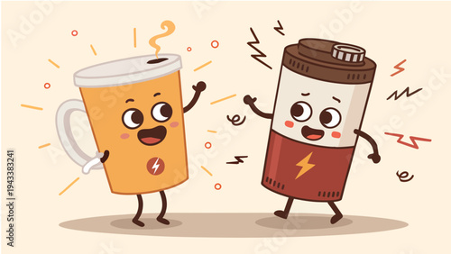 Happy coffee cup and battery characters high-fiving, energetic teamwork and synergy concept, joyful morning productivity illustration, funny mascot duo for power and vitality theme