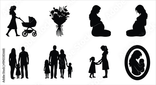 Black silhouettes of family motherhood and pregnancy related icons on white background Vector
