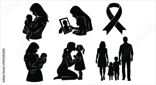 Silhouettes of mothers with children and a family walking together with awareness ribbon symbol Vector