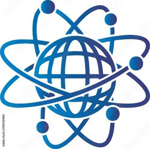 Abstract digital illustration of a stylized globe surrounded by orbiting electrons representing global network scientific research atomic structure and interconnectedness in a modern clean blue toned