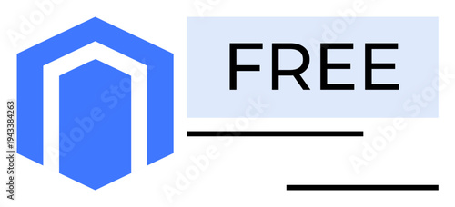 Blue hexagonal shape resembling a house next to the word FREE in bold black letters with minimalist lines. Ideal for promotion, housing, real estate, discounts, sales, accessibility, affordability