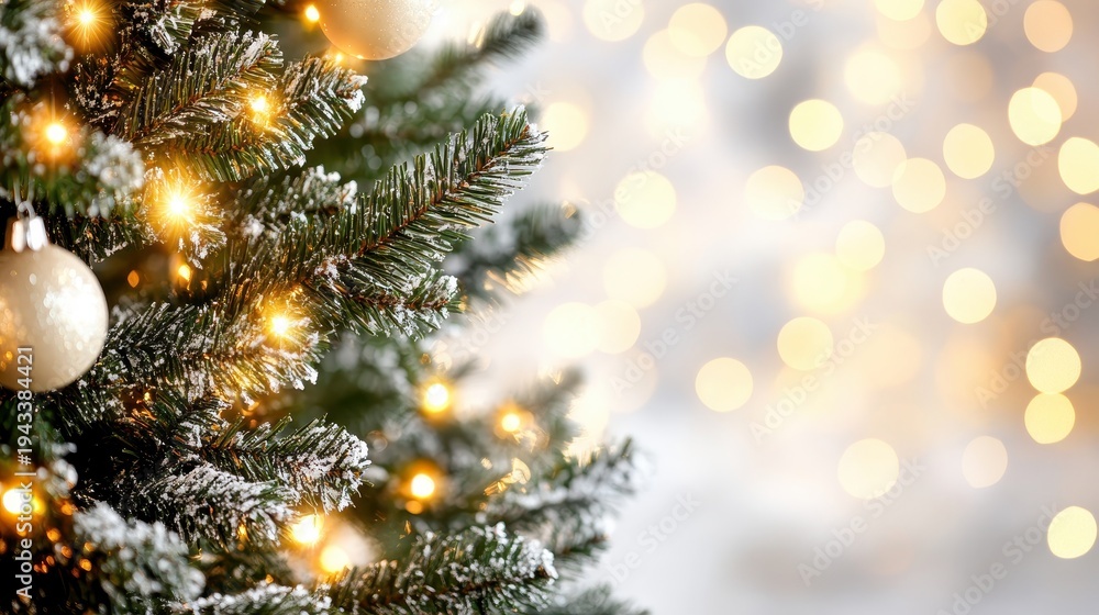 Obraz premium A close-up view of a snow-dusted Christmas tree adorned with warm, twinkling fairy lights, creating a magical holiday atmosphere with a soft bokeh background.
