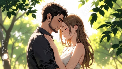 Sunlight filters through green leaves