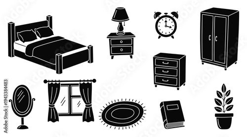 Black and white illustration of various bedroom furniture and decor