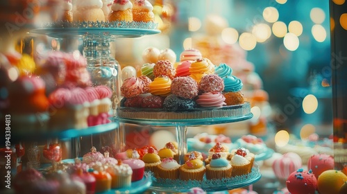 A delightful display of assorted festive holiday sweets and confections on tiered stands showcasing vibrant colors and intricate decorations.