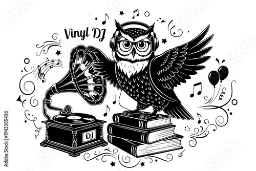 Wise Owl DJ Playing Vintage Gramophone Vinyl Record Music Party Academic Musician Black Vector Silhouette