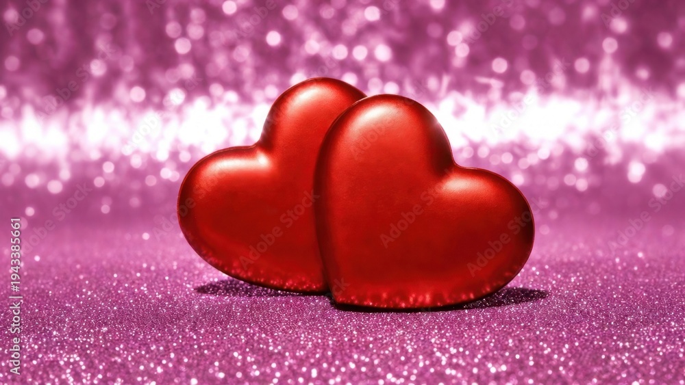Obraz premium Two glossy red hearts rest gently on glittering pink surface